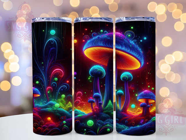 Neon Psychedelic Mushroom Tumbler, Neon Style, Black Light, Mushrooms Theme, Psychedelic Design, 20Oz Tumbler, Sublimation Wrap Sublimation SvggirlplusArt 