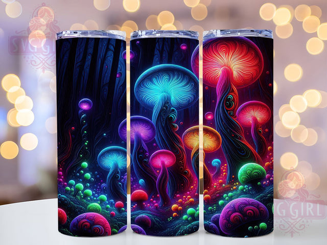 Neon Psychedelic Mushroom Tumbler, Neon Style, Black Light, Mushrooms Theme, Psychedelic Design, 20Oz Tumbler, Sublimation Wrap Sublimation SvggirlplusArt 