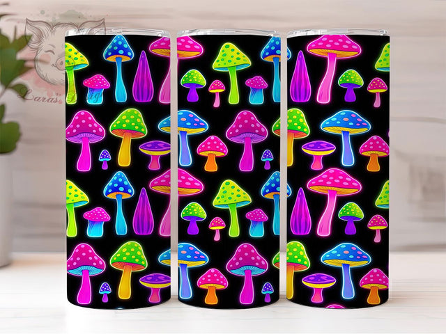 Neon Psychedelic Mushrooms 20oz Tumbler, Neon Mushroom Motif, Psychedelic Art Design, Trippy Theme, Vibrant Accent, Whimsical Charm, Sublimation Wrap, 20oz Tumbler Sublimation Lara' s Designs 