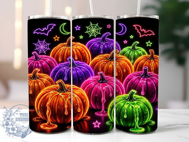 Neon Pumpkin Bat Glow 20oz Tumbler, Pumpkin Motif, Bat Accent, Neon Theme, Glow Art Design, Spooky Flair, Sublimation Wrap, 20oz Tumbler Sublimation ToriDesigns 
