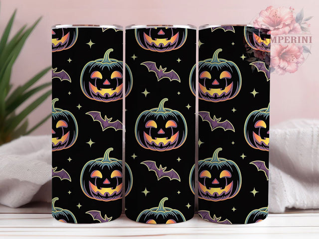 Neon Pumpkin Bats Halloween Tumbler, Halloween Bats Wrap, Glowing Pumpkin Cup, Neon Halloween Design, 20oz Tumbler Wrap, Spooky Neon Sublimation, Pumpkin and Bats Drinkware Sublimation Li Zamperini 