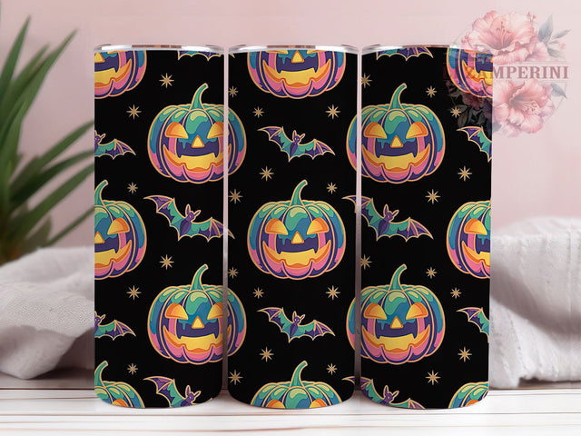 Neon Pumpkin Bats Halloween Tumbler, Halloween Bats Wrap, Glowing Pumpkin Cup, Neon Halloween Design, 20oz Tumbler Wrap, Spooky Neon Sublimation, Pumpkin and Bats Drinkware Sublimation Li Zamperini 
