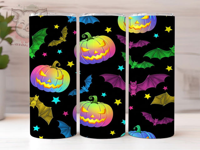 Neon Pumpkin Bats Halloween Tumbler, Spooky Bats Cup Wrap, 20Oz Sublimation Design, Retro Neon Coffee Mug, Creepy Cute Drinkware, Pumpkin Bat Gift, Trick Or Treat Tumbler Sublimation Lara' s Designs 