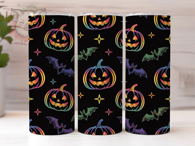 Neon Pumpkin Bats Halloween Tumbler, Spooky Bats Cup Wrap, 20Oz Sublimation Design, Retro Neon Coffee Mug, Creepy Cute Drinkware, Pumpkin Bat Gift, Trick Or Treat Tumbler Sublimation Lara' s Designs 