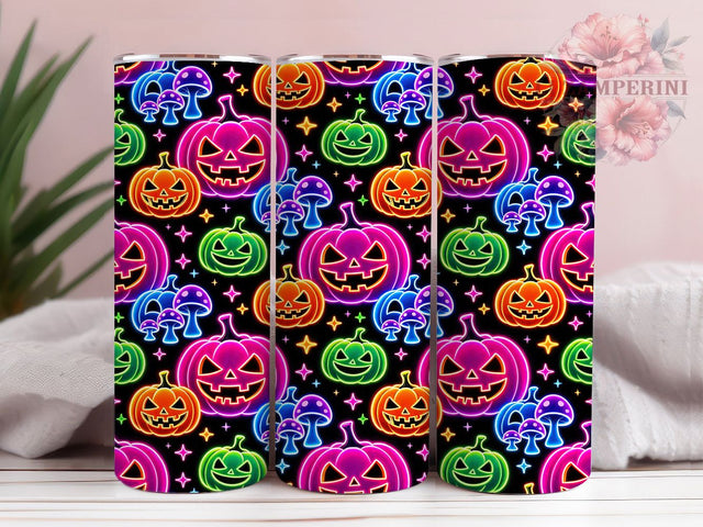 Neon Pumpkin Mushrooms 20oz Tumbler, Neon pumpkin design, Mushroom halloween print, 20oz skinny tumbler, Halloween tumbler wrap, Neon mushroom wrap, Sublimation halloween design Sublimation Li Zamperini 