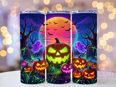 Neon Pumpkin Patch 20oz Tumbler, Halloween Art, Glowing Pumpkins, Night Scene, Vibrant Colors, Spooky Theme, Autumn Harvest, Sublimation Wrap Sublimation SvggirlplusArt 
