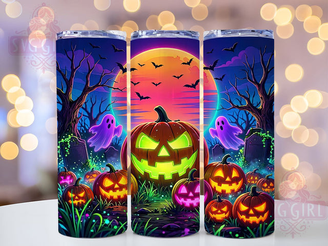 Neon Pumpkin Patch 20oz Tumbler, Halloween Art, Glowing Pumpkins, Night Scene, Vibrant Colors, Spooky Theme, Autumn Harvest, Sublimation Wrap Sublimation SvggirlplusArt 