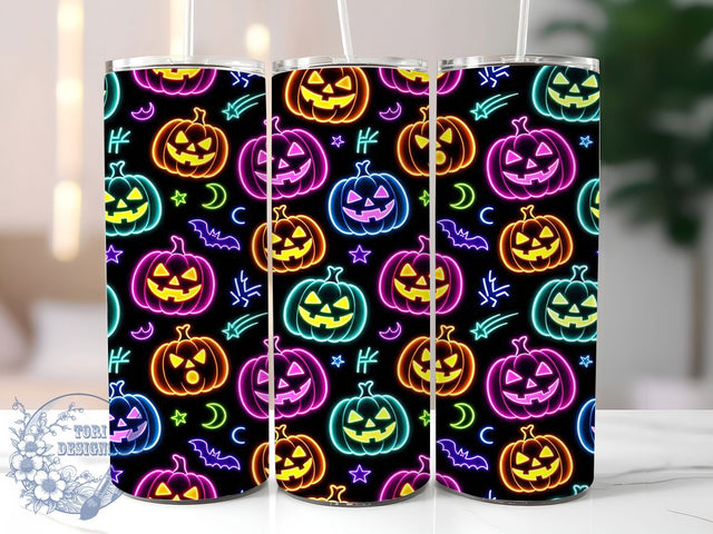 Neon Pumpkin Pattern 20oz Tumbler, Neon Pumpkins, Halloween Pattern, Festive Theme, Sublimation Wrap, 20oz Tumbler, Vibrant Aesthetic, Seasonal Glow Sublimation ToriDesigns 
