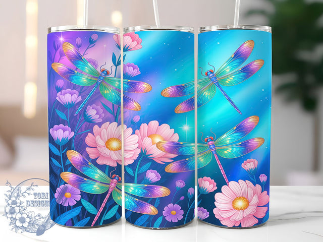 Neon Purple Dragonfly Tumbler, Purple Floral Pattern, Glowing Dragonfly Design, 20Oz Sublimation Wrap, Purple Neon Flowers, Bright Dragonfly Art, Tumbler Sublimation Sublimation ToriDesigns 