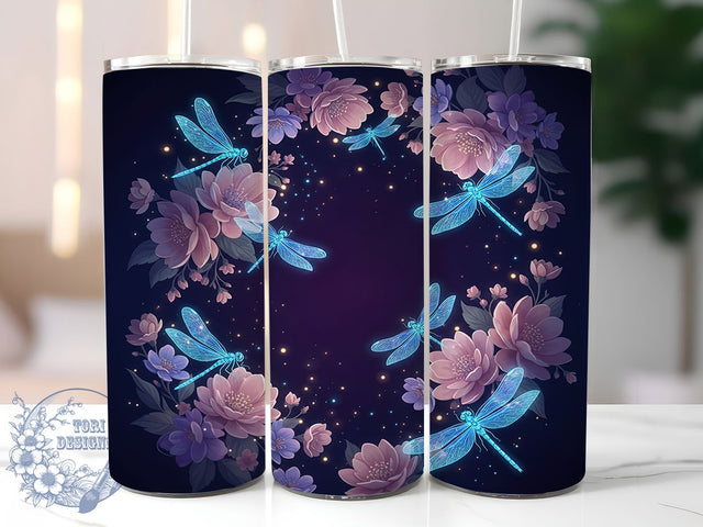 Neon Purple Dragonfly Tumbler, Purple Floral Pattern, Glowing Dragonfly Design, 20Oz Sublimation Wrap, Purple Neon Flowers, Bright Dragonfly Art, Tumbler Sublimation Sublimation ToriDesigns 