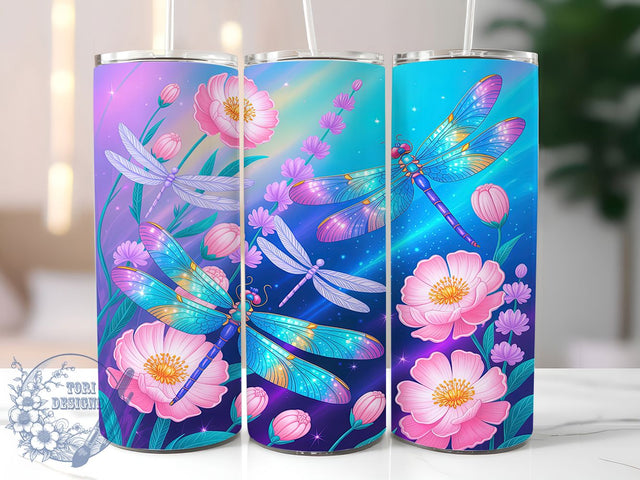 Neon Purple Dragonfly Tumbler, Purple Floral Pattern, Glowing Dragonfly Design, 20Oz Sublimation Wrap, Purple Neon Flowers, Bright Dragonfly Art, Tumbler Sublimation Sublimation ToriDesigns 