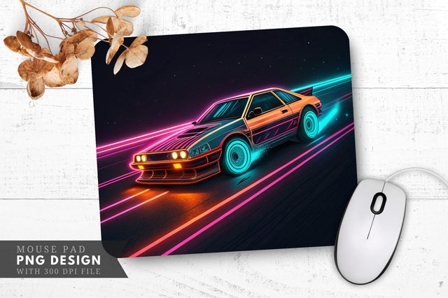 Neon Racing Car with Glowing Wheels Mouse Pad Design Sublimation Regulrcrative 