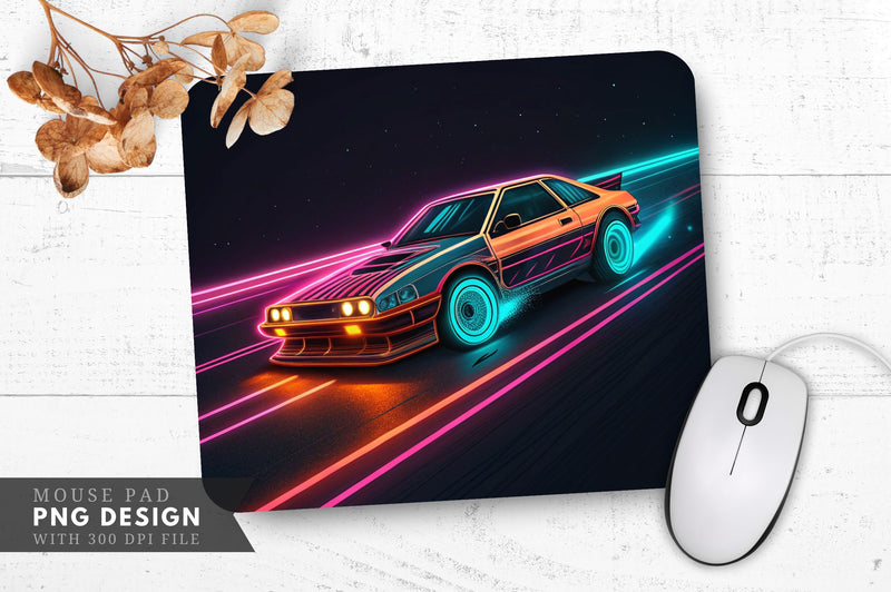 Neon Racing Car with Glowing Wheels Mouse Pad Design Sublimation Regulrcrative 