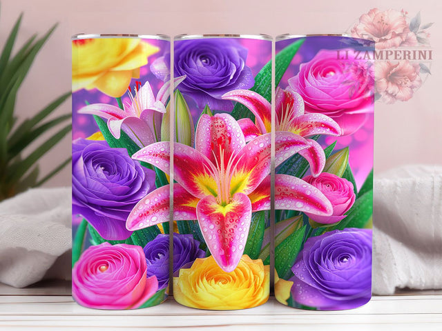 Neon Rainbow Lily Tumbler, Rainbow Floral Pattern, Vibrant Lily Design, 20Oz Sublimation Wrap, Glowing Flower Art, Colorful Floral Texture, Tumbler Sublimation Sublimation Li Zamperini 
