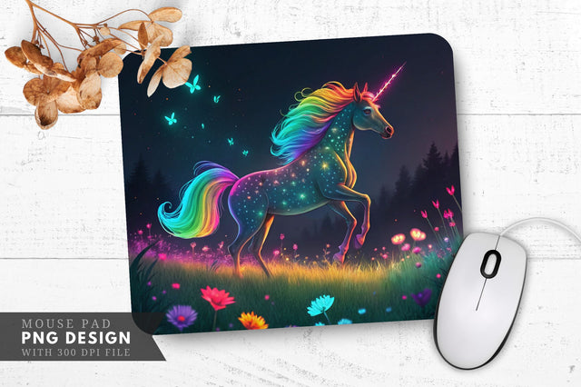 Neon Rainbow Unicorn in a Glowing Meadow Mouse Pad Design Sublimation Regulrcrative 