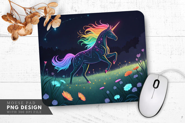 Neon Rainbow Unicorn in a Glowing Meadow Mouse Pad Design Sublimation Regulrcrative 