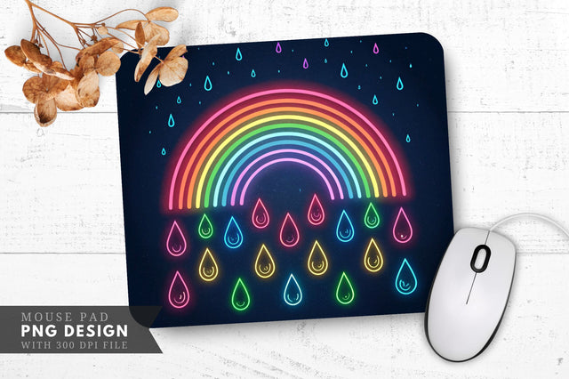 Neon Rainbow with Glowing Raindrops Mouse Pad Design Sublimation Regulrcrative 