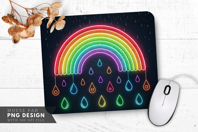 Neon Rainbow with Glowing Raindrops Mouse Pad Design Sublimation Regulrcrative 
