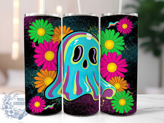 Neon Retro Floral Ghost Tumbler, Floral Retro Ghost Cup, 20Oz Sublimation Wrap, Vintage Halloween Mug, Neon Ghost Drinkware, Retro Floral Tumbler, Spooky Neon Design Sublimation ToriDesigns 