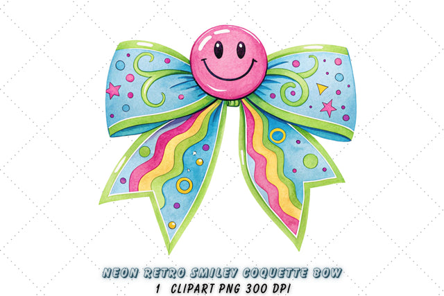 Neon Retro Smiley Coquette Bow Clipart, neon retro bow, smiley coquette bow, vibrant bow design, retro smiley clipart, digital bow design, glowing neon bow, smiley bow art Sublimation FloridPrintables 
