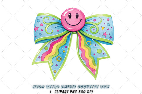 Neon Retro Smiley Coquette Bow Clipart, neon retro bow, smiley coquette bow, vibrant bow design, retro smiley clipart, digital bow design, glowing neon bow, smiley bow art Sublimation FloridPrintables 