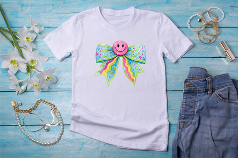 Neon Retro Smiley Coquette Bow Clipart, neon retro bow, smiley coquette bow, vibrant bow design, retro smiley clipart, digital bow design, glowing neon bow, smiley bow art Sublimation FloridPrintables 