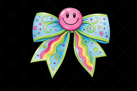 Neon Retro Smiley Coquette Bow Clipart, neon retro bow, smiley coquette bow, vibrant bow design, retro smiley clipart, digital bow design, glowing neon bow, smiley bow art Sublimation FloridPrintables 