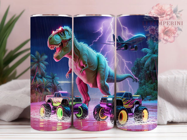 Neon Roar Dino Truck Tumbler, Kids Truck Gift, Dinosaur Vehicle Cup, Boys Tumbler Design, Bright Dino Present, Monster Truck Gift, Sublimation Template Sublimation Li Zamperini 