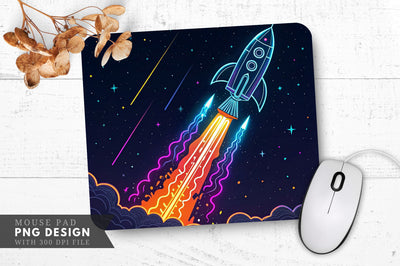 Neon Rocket Blast-Off with Colorful Flames Mouse Pad Design Sublimation Regulrcrative 