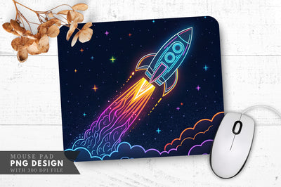Neon Rocket Blast-Off with Colorful Flames Mouse Pad Design Sublimation Regulrcrative 
