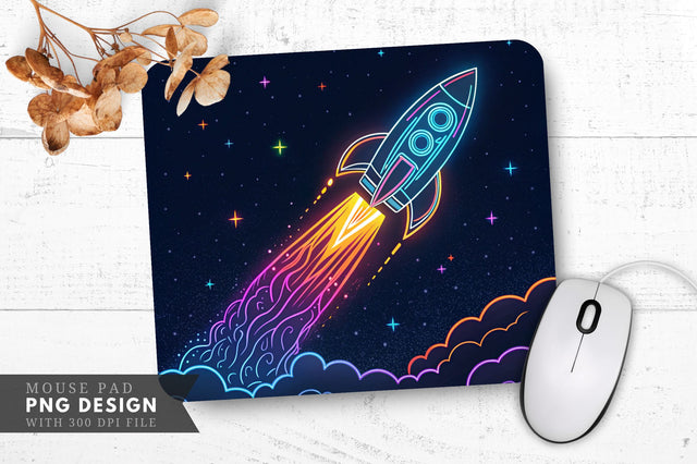 Neon Rocket Blast-Off with Colorful Flames Mouse Pad Design Sublimation Regulrcrative 