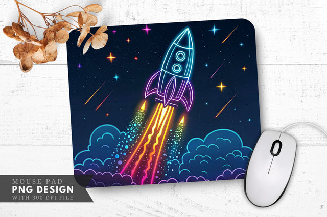 Neon Rocket Blast-Off with Colorful Flames Mouse Pad Design Sublimation Regulrcrative 