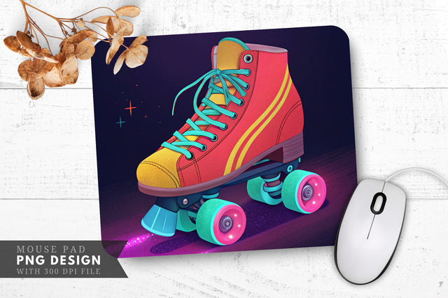 Neon Roller Skate with Glowing Wheels, Retro 80s Vibe Mouse Pad Design Sublimation Regulrcrative 