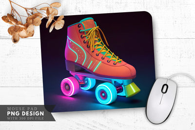 Neon Roller Skate with Glowing Wheels, Retro 80s Vibe Mouse Pad Design Sublimation Regulrcrative 