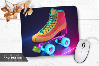 Neon Roller Skate with Glowing Wheels, Retro 80s Vibe Mouse Pad Design Sublimation Regulrcrative 