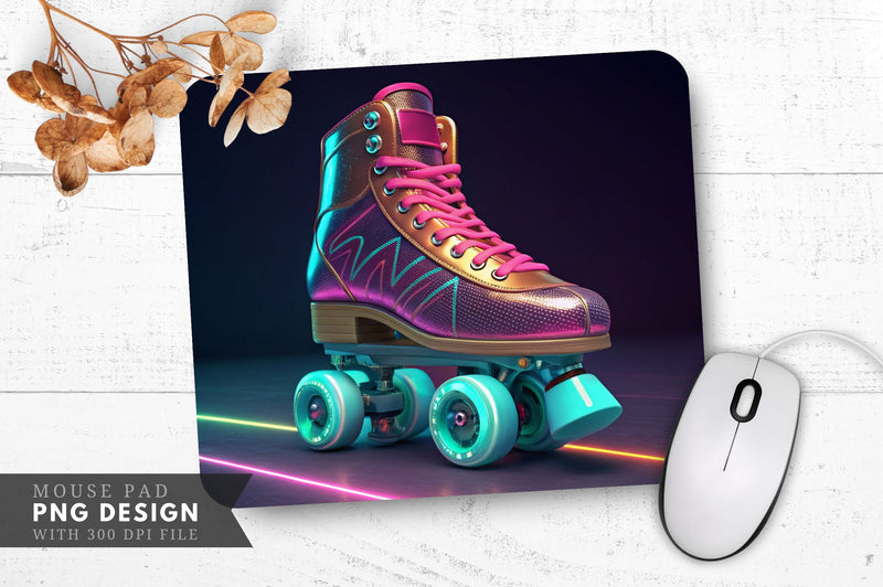 Neon Rollerblades with Glowing Wheels, Retro Look Mouse Pa Design Sublimation Regulrcrative 