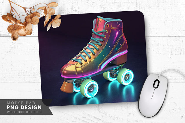 Neon Rollerblades with Glowing Wheels, Retro Look Mouse Pa Design Sublimation Regulrcrative 