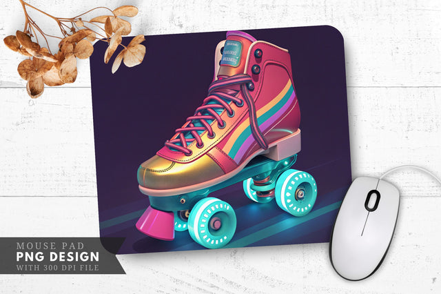 Neon Rollerblades with Glowing Wheels, Retro Look Mouse Pa Design Sublimation Regulrcrative 