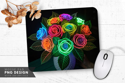 Neon Rose Bouquet with Glowing Green Leaves Mouse Pad Design Sublimation Regulrcrative 