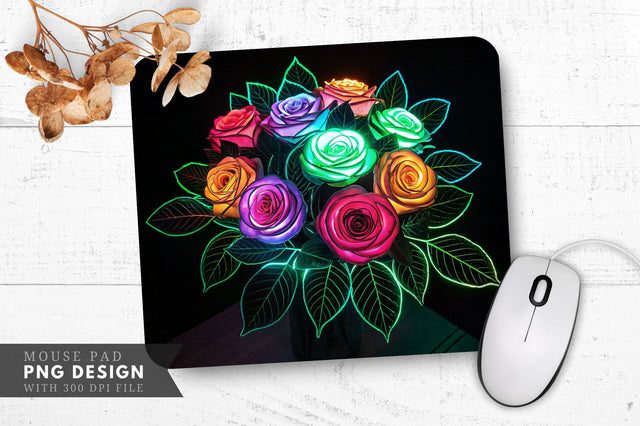 Neon Rose Bouquet with Glowing Green Leaves Mouse Pad Design Sublimation Regulrcrative 