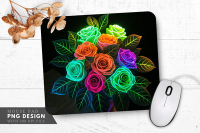 Neon Rose Bouquet with Glowing Green Leaves Mouse Pad Design Sublimation Regulrcrative 