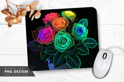 Neon Rose Bouquet with Glowing Green Leaves Mouse Pad Design Sublimation Regulrcrative 