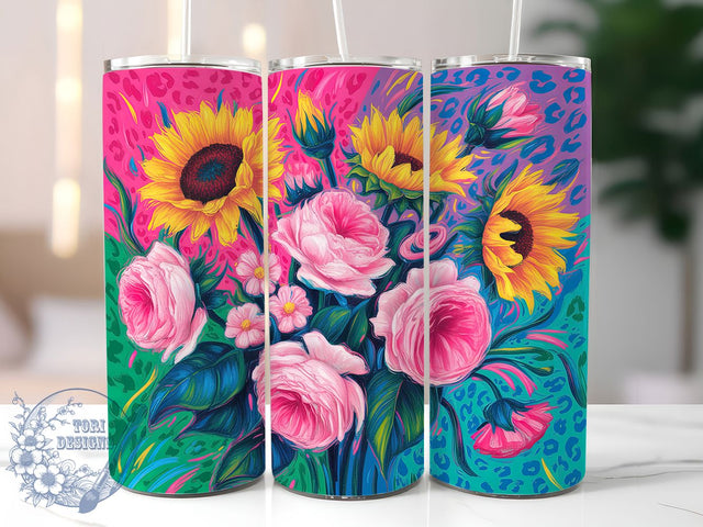 Neon Rose Leopard Sunflower Tumbler Wrap, Rose Floral, Leopard Print, Neon Style, Bold Design, Glam Wrap, Sublimation Design Sublimation ToriDesigns 