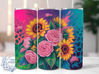 Neon Rose Leopard Sunflower Tumbler Wrap, Rose Floral, Leopard Print, Neon Style, Bold Design, Glam Wrap, Sublimation Design Sublimation ToriDesigns 
