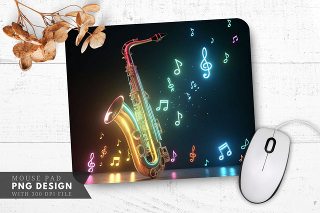 Neon Saxophone with Glowing Notes Mouse Pad Design Sublimation Regulrcrative 