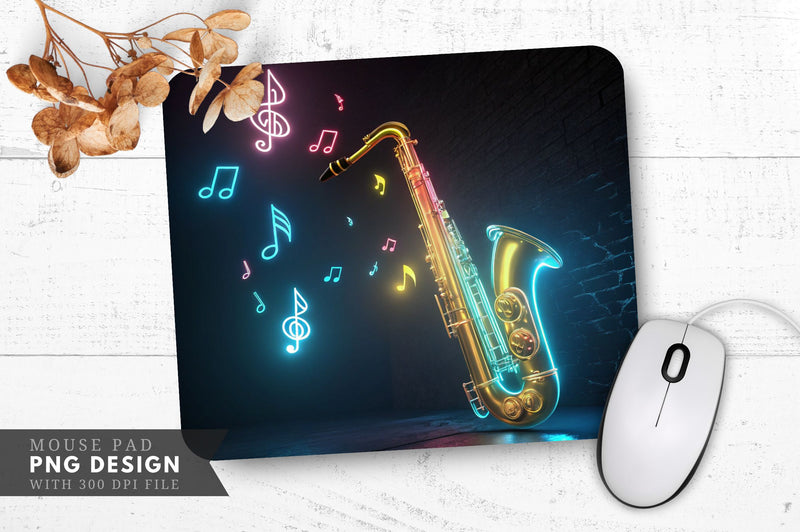 Neon Saxophone with Glowing Notes Mouse Pad Design Sublimation Regulrcrative 