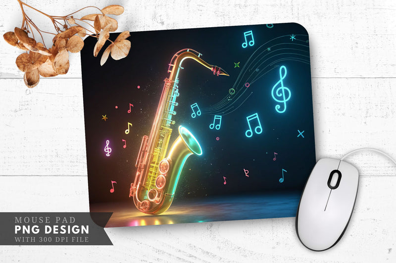 Neon Saxophone with Glowing Notes Mouse Pad Design Sublimation Regulrcrative 