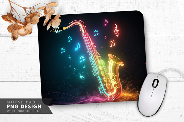 Neon Saxophone with Glowing Notes Mouse Pad Design Sublimation Regulrcrative 