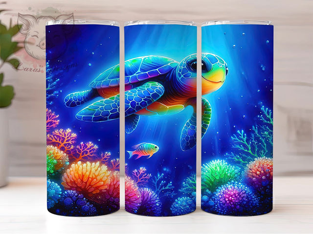 Neon Sea Turtle 20oz Tumbler Wrap, Neon Ocean Design, Glow Effect Turtle Mug, Marine Life Cup, Vibrant Sea Creature Wrap, Ocean Lover Gift, Sublimation Tumbler Wrap Sublimation Lara' s Designs 