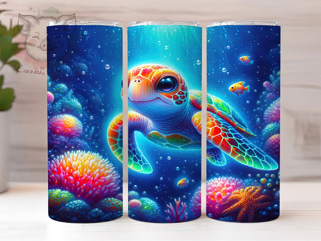 Neon Sea Turtle 20oz Tumbler Wrap, Neon Ocean Design, Glow Effect Turtle Mug, Marine Life Cup, Vibrant Sea Creature Wrap, Ocean Lover Gift, Sublimation Tumbler Wrap Sublimation Lara' s Designs 